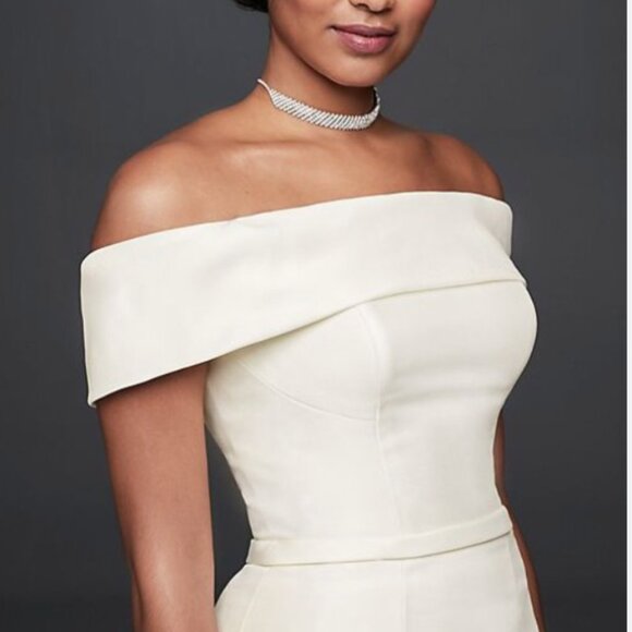 Off-the-Shoulder Mikado Trumpet Wedding Dress (size 8) by David's Bridal Collect - Picture 6 of 10
